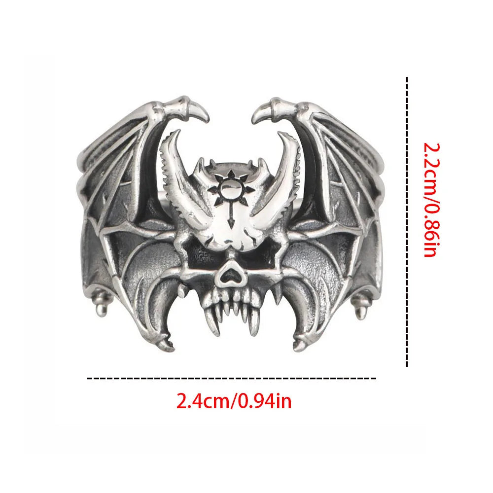 Anillo Calavera con Murcielago - Punk Halloween Ajustable