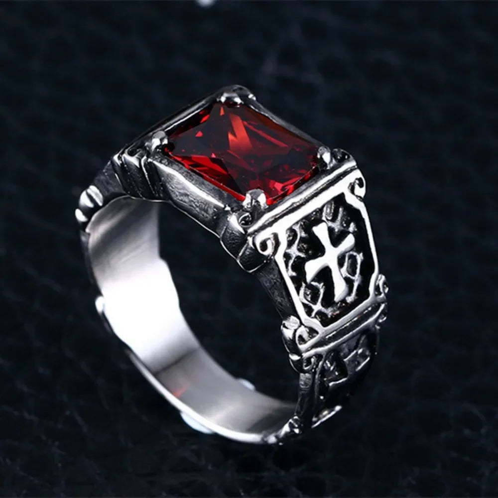 Anillo Cruz con Piedra Roja - Delicado y Moderno