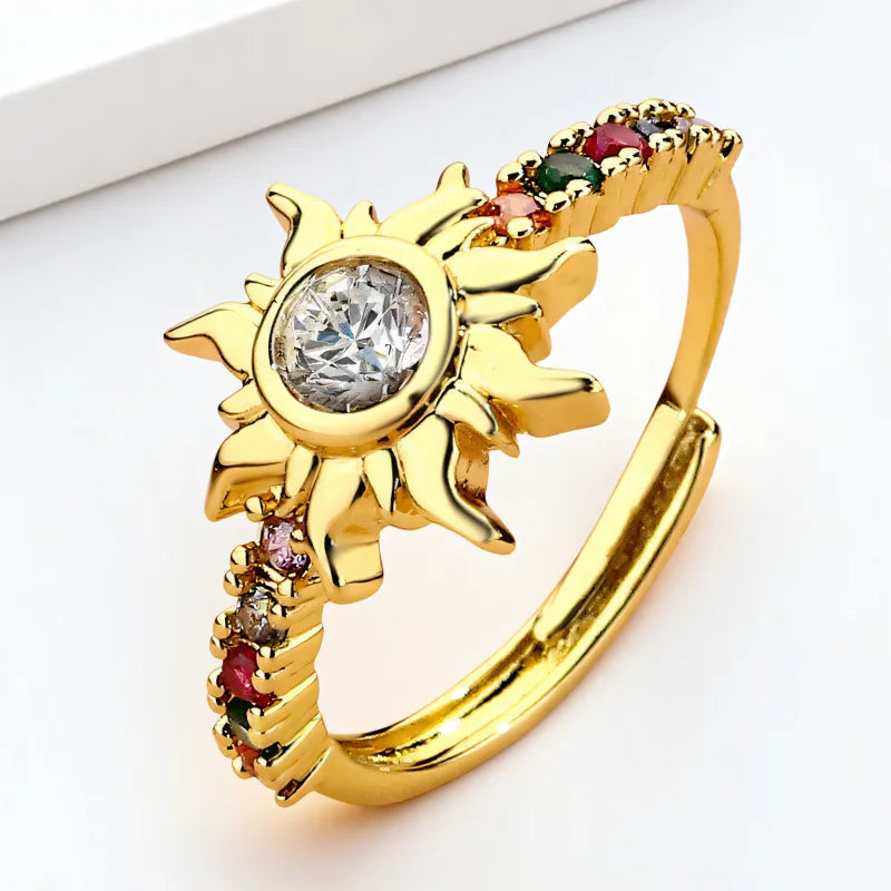Anillo Sol Retro - Dorado Antiguo para Mujer