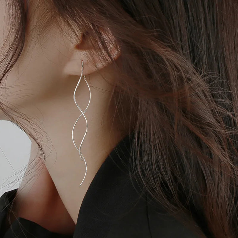 Aros Largos Ondulados - Plata 925 Colgante Tassel