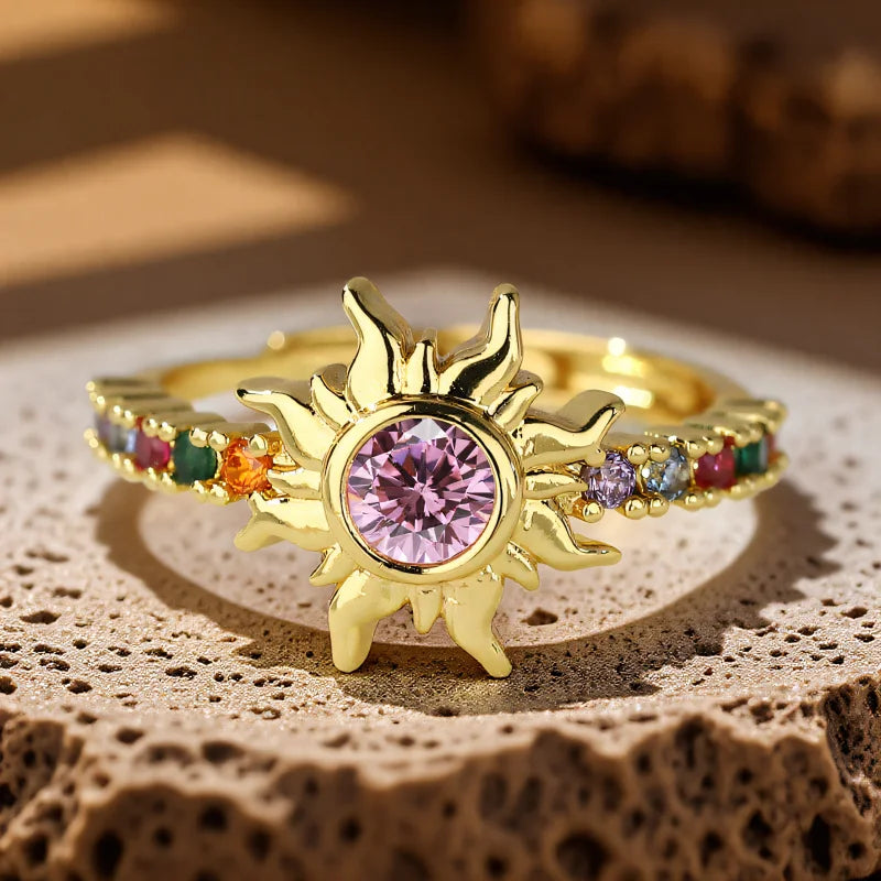 Anillo Sol Retro - Dorado Antiguo para Mujer
