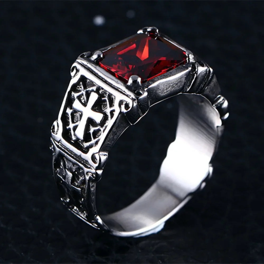 Anillo Cruz con Piedra Roja - Delicado y Moderno